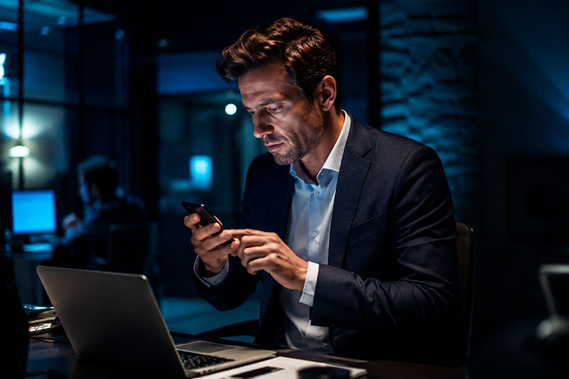 Empresário olhando o celular à noite, diante do notebook