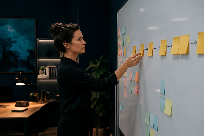 Profissional organizando um processo em um quadro com post-its