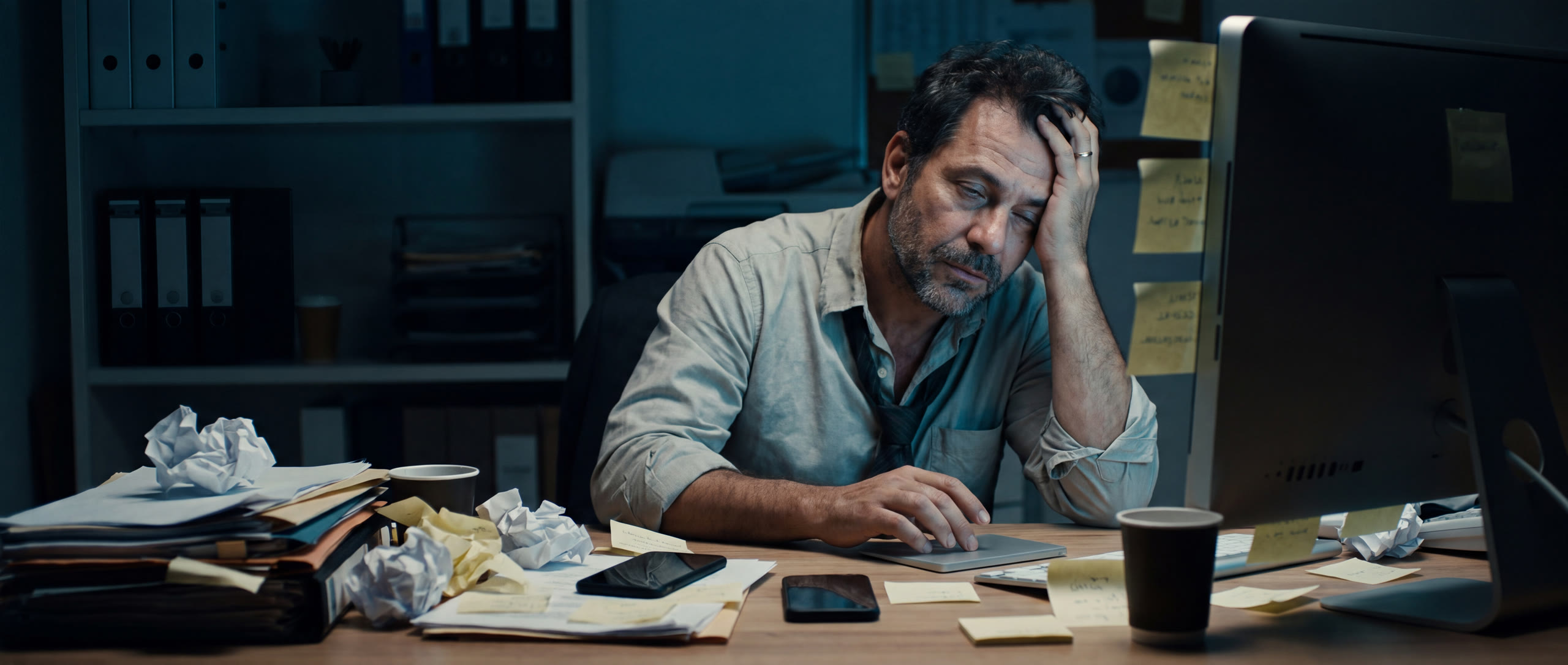 Empresário exausto na mesa de trabalho tarde da noite