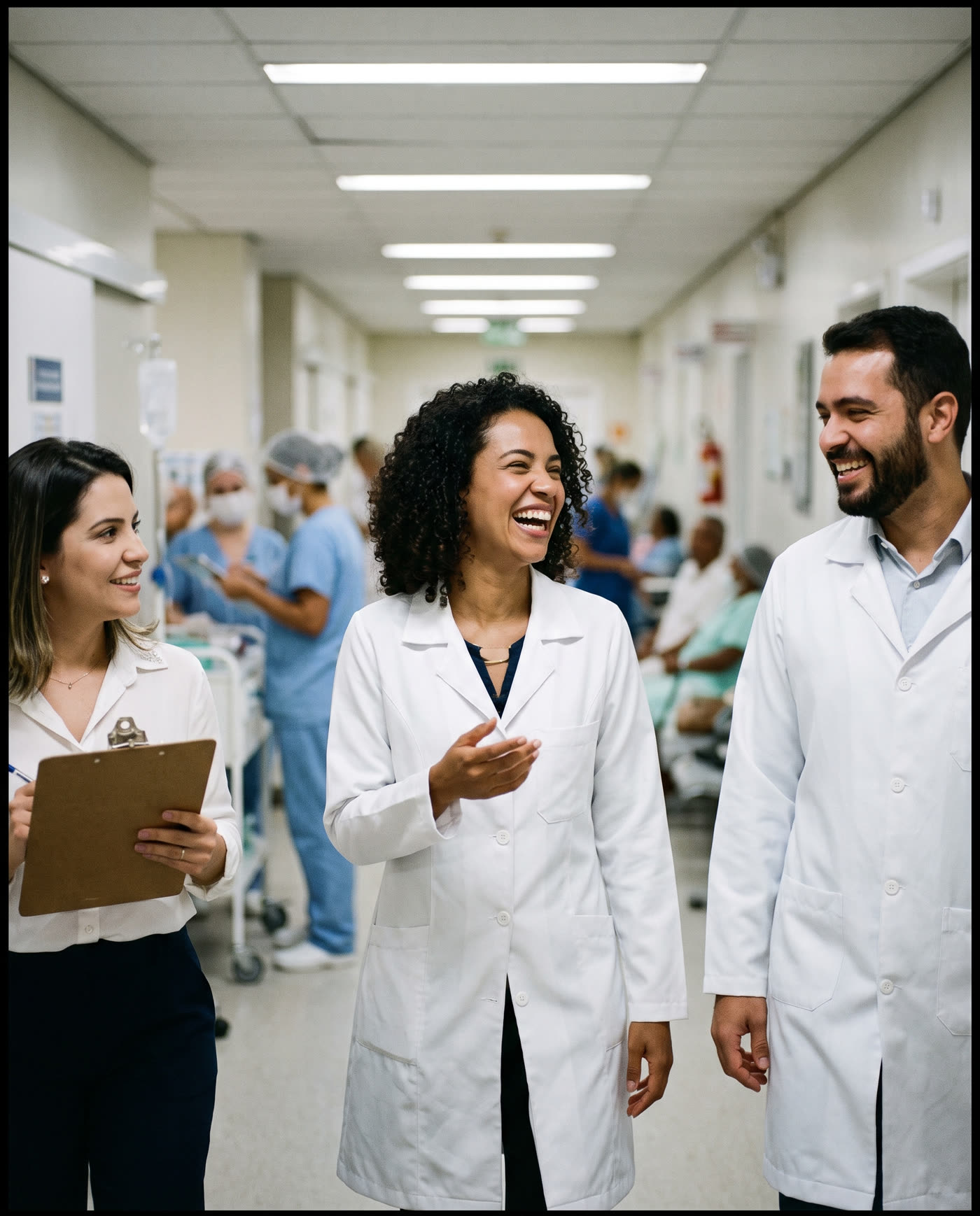 Equipe de clínica médica conversando no corredor