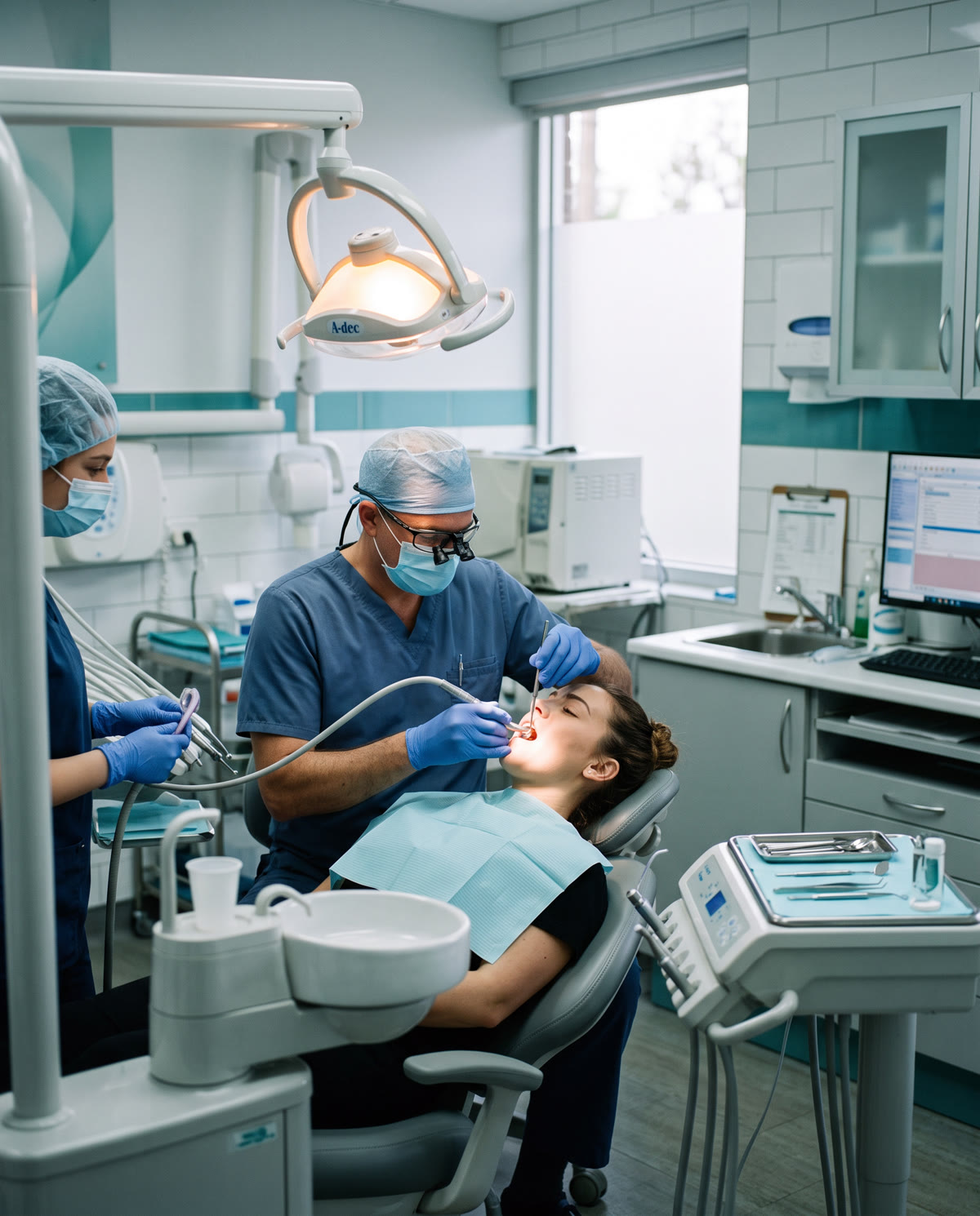 Dentista atendendo paciente na cadeira do consultório